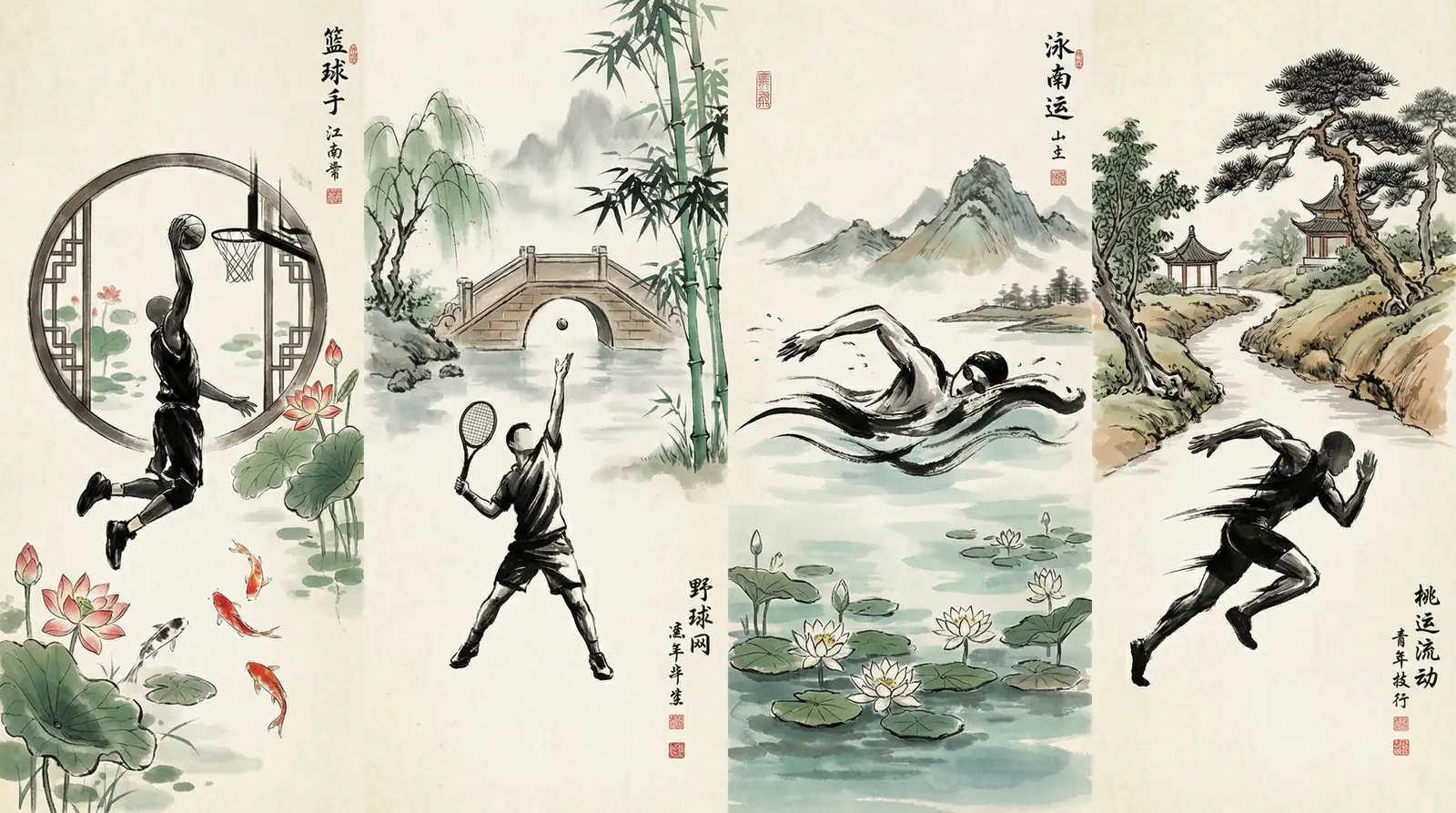 水墨风格多项运动拼图，篮球网球游泳田径融合江南元素